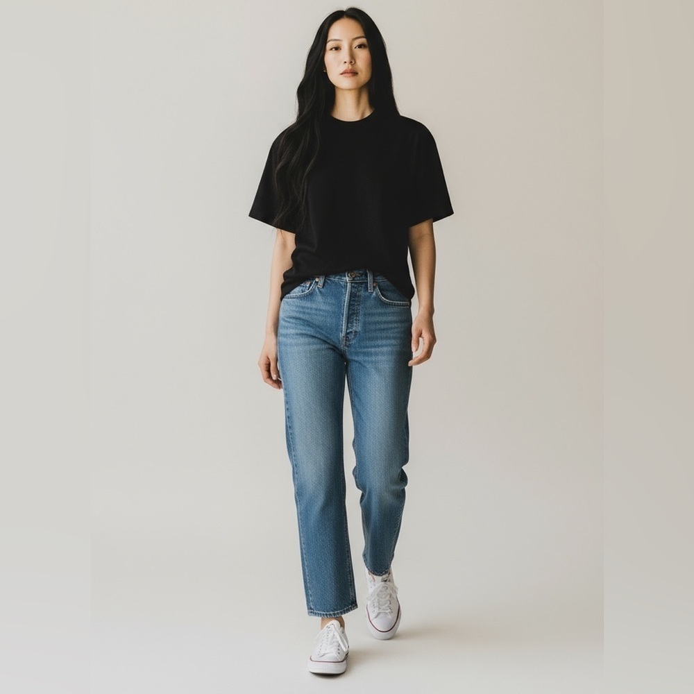Levi’s Ribcage Straight High Rise Faded Blue Denim Jeans with Button Fly Premium